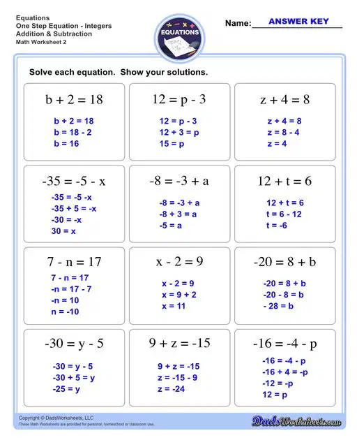One Step Equations with Adding, Subtraction, Multiplication and ...